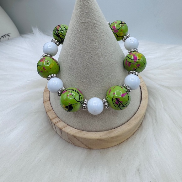 Jewelry - Lime Splash Statement Beaded Bracelet – White Accent Chunky Stretch Jewelry
